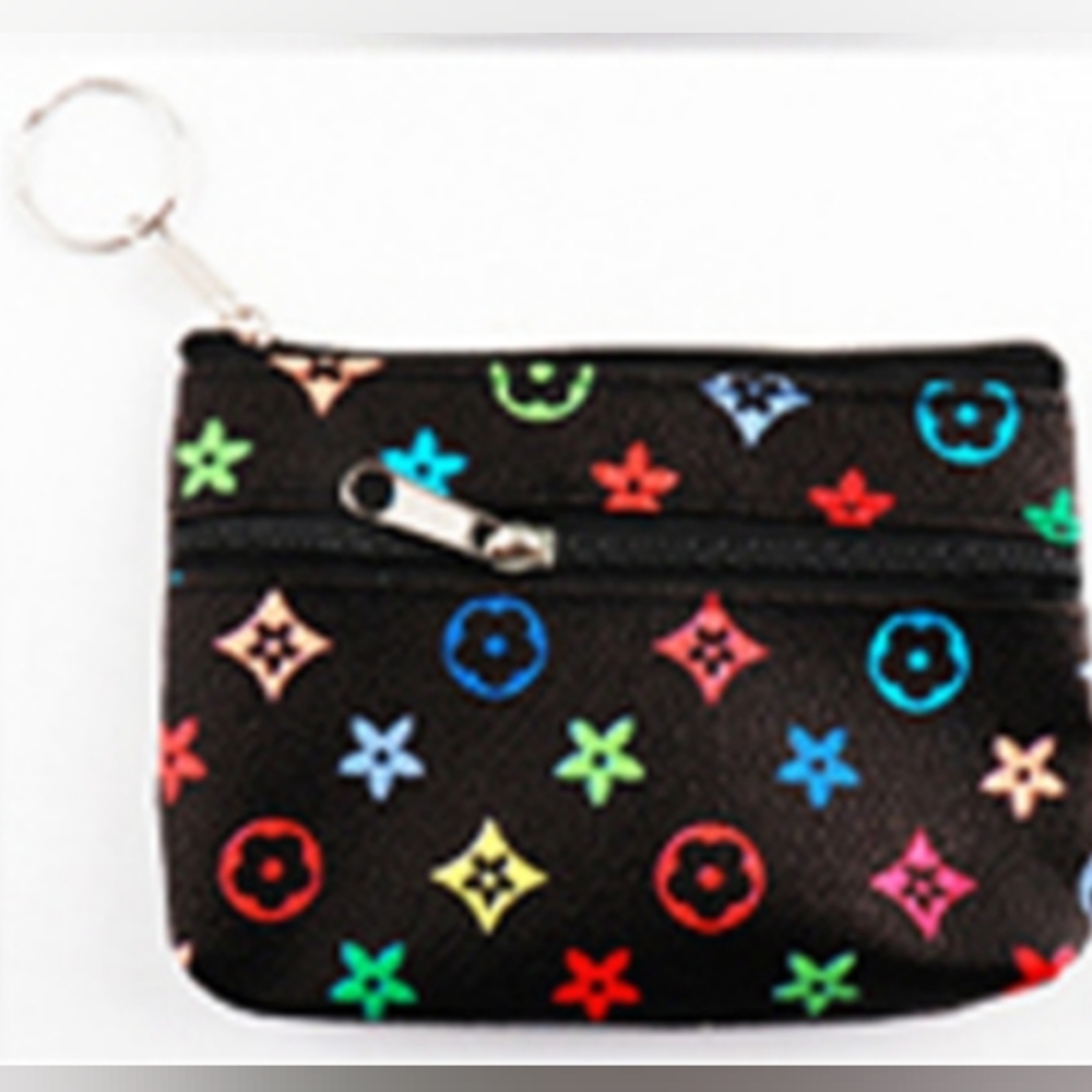 Flower pattern Faux leather Bag Charm Keychain coin purse Black